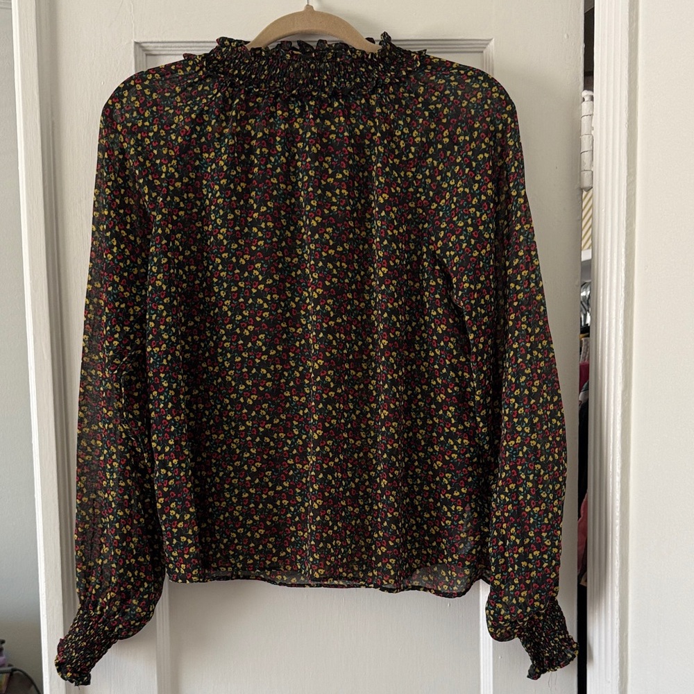 GAP Floral Sheer Smocked Blouse - Black Yellow and Red Flower Pattern